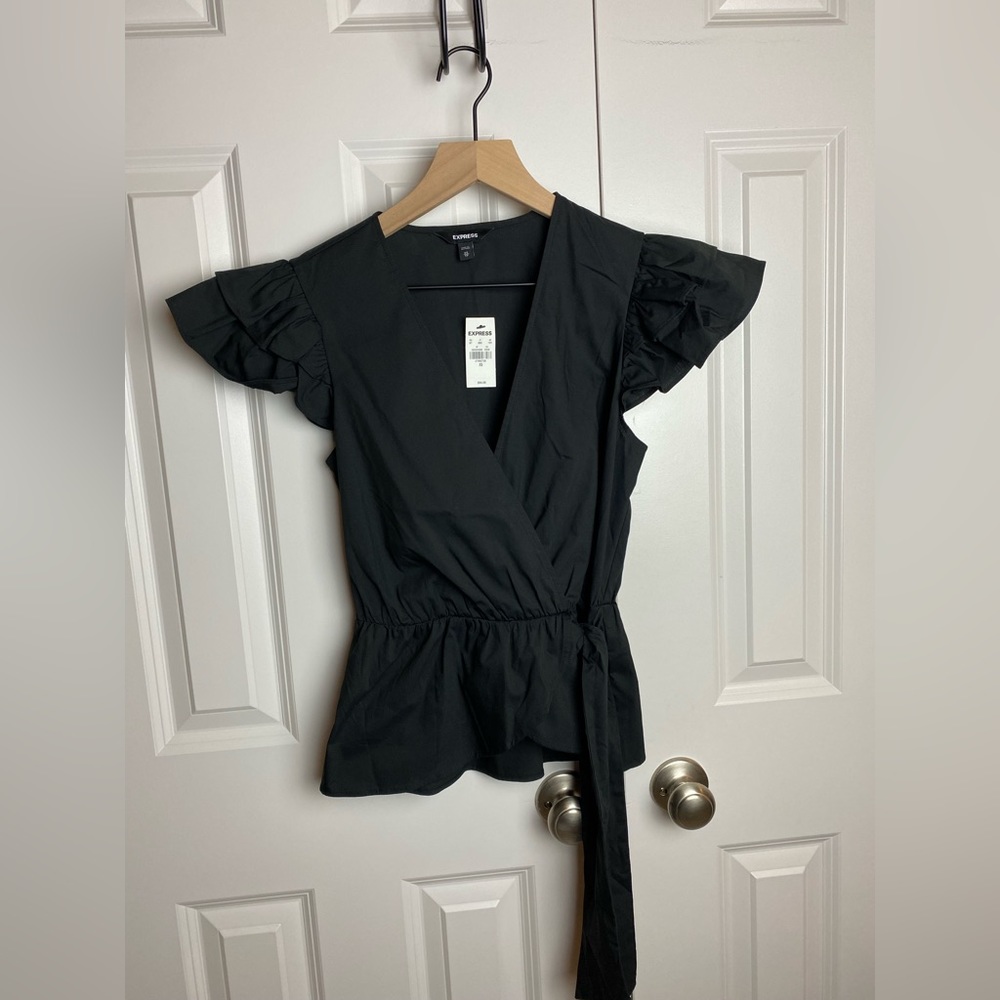 EXPRESS Black Ruffle Wrap Shirt XS